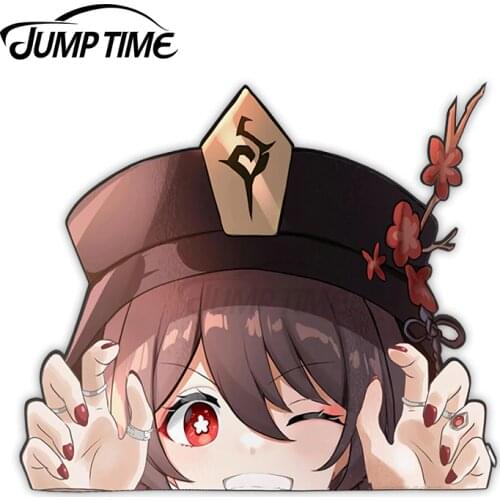 JumpTime 13 x 8.8cm Genshin Impact Hu Tao Anime Peeker Big Head Car Bumper Window Stickers Waterproof Trunk Scratch-proof Decal