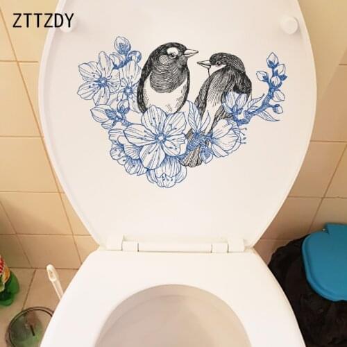 ZTTZDY 23.7×16.9CM Pencil Drawing Flower Bird WC Toilet Decor Stickers Cartoon Kids Room Wall Decals T2-1389