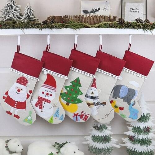 1 Piece Christmas Stockings Socks With Snowman Santa Bear Printing Xmas Candy Gift Bag Fireplace Xmas Tree Decoration New Year
