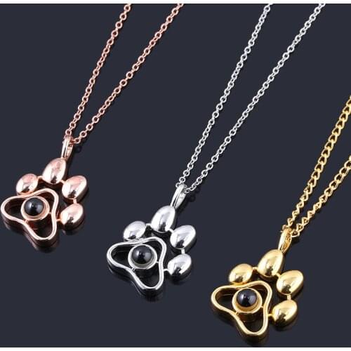 2020 Cat Dog Paw Pet Photo Projection Pendant Necklace Footprints 100 languages I Love You Choker Necklace for Women Men Jewelry