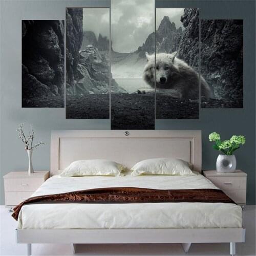5 Piece Wall Art Canvas Painting Landscape A White Wolf Poster Decorative Framework Living Bedroom Modular Room Pictures