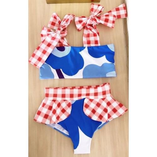 Sexy Plaid Strappy Halter Bikinis Women Swimsuit Abstract print Swimwear High Waist Bathing Suit Beachwear Biuiqni female