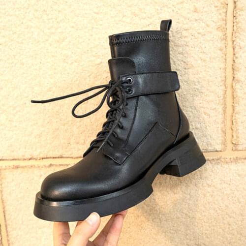 Luxury Brand Design Natural Cow Genuine Leather Chunky Heel Lace-Up Fashion Cool Street Ankle Boots Women Shoes