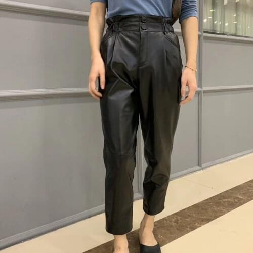 Genuine leather pants women plus size 2019 winter new fashion streetwear Elastic waist trousers women high waist harem pants