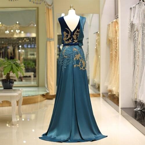 Deep V-Neck Long Prom Gowns Dark Green Robes De Soiree Delicate Major Beaded Prom Dresses Sexy A-line Evening Party Dresses