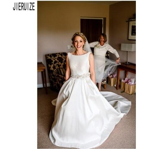 JIERUIZE Simple A Line Wedding Dresses Scoop Beaded Flowers Sashes Backless Satin Bridal Gowns Vestidos De Novia Bride Dresses