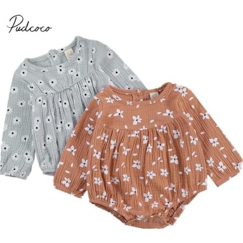 Newborn Cotton Linen Jumpsuit Baby Girls Casual Style Romper, Toddler Long Sleeve Round Neck Daisy Print Playsuit Spring Autumn
