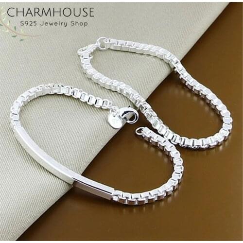 Charmhouse Silver 925 Jewelry Sets For Women Man 4mm Box Chain Bracelet & Bangle 2pcs Costume Jewelry Set Accessories Bijoux