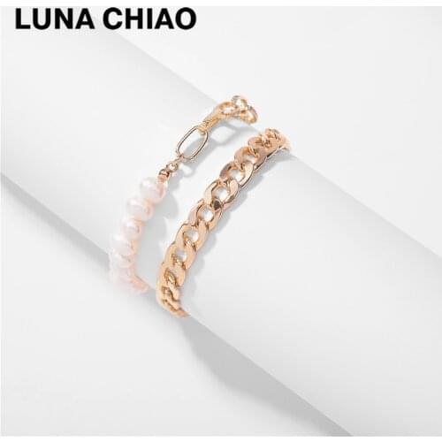 LUNA CHIAO Fashion Jewelry Double Layered Stacked Pearl Strand Figaro Chain Link Bracelets Set for Women