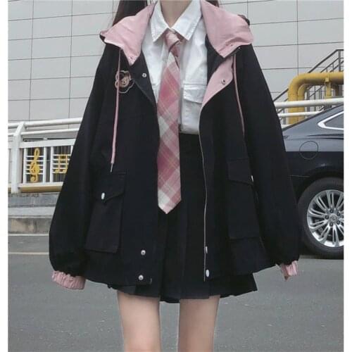 Korean Preppy Style Loose Tops Female Casual Students Jacket Autumn School Girls Coat Streetwear Solid Color Pink Black Outwear