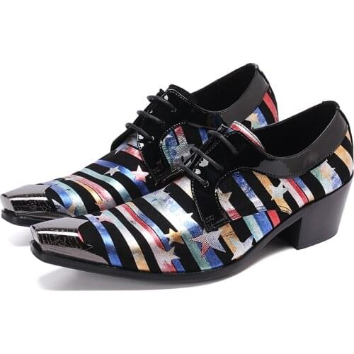 Mens Party Leather Shoes Plus Size Metal Pointed Toe Lace Up Man 6.5cm High Heel Shoes Casual Business Prom Male Oxfords Shoes