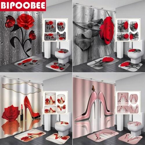 Red Rose High Heels Bathroom Curtain Set Bath Mats Toilet Lid Cover Non-slip Carpet Fashion Fabric Shower Curtains with Hooks