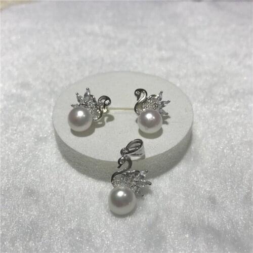 Natural freshwater pearl AAA 7-8 mm zircon inlay goose pendant necklace earrings set