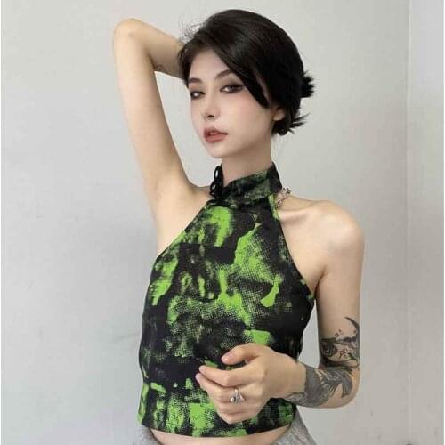 2021 new tie-dye camouflage print top sexy stretch camisole womens sleeveless T-shirt girls party club halter neck