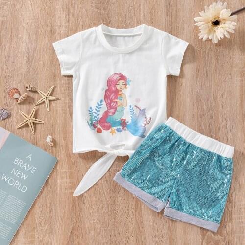 2-7Y Cute Mermaid Printed Girls Clothes Sets Kid Short Sleeve Cartoon Pattern T-Shirt Sequin Shorts 2pcs Outfit Summer Clothing