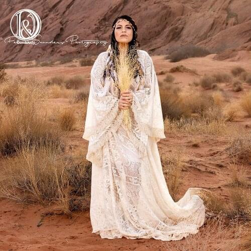 Don&Judy Maternity or Non-Maternity Dress Bohemia Boho Bell Sleeves Lace Kaftan Party Evening Dresses Photography Photo Shoot