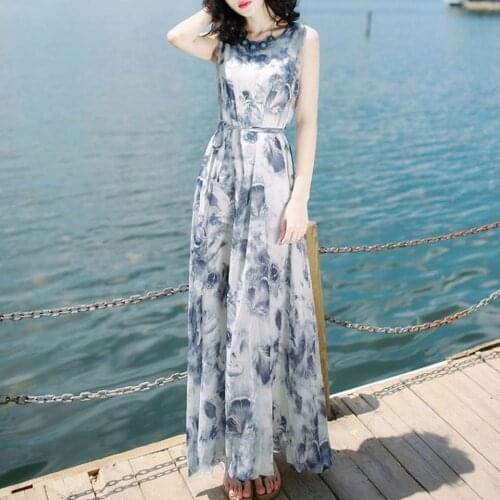 #30 Long Dress Summer Frocks Women Fashion Summer Bandage Mid-Calf Sleeveless Beach Printing Dress A Line Dress Vestido Blanco