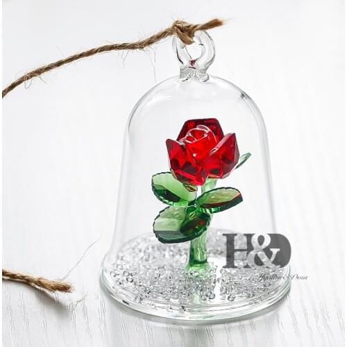 H&D Lovers Gift Crystal Beauty And The Beast Enchanted Red Rose Glass Sculpture in Glass Dome Flower Figurine Home Ornament