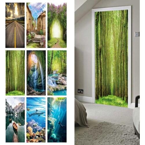 3D Window View Forest Landscape Wall Sticker Wall art Self Adhesive Bedroom Green Golden Tree Forest Waterproof Wallpaper Sticke