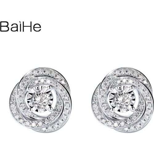 BAIHE Solid 14K White Gold 0.20ct H/SI Round Natural Diamonds Stud Earrings Women Wedding Trendy Fine Jewelry flower сережки