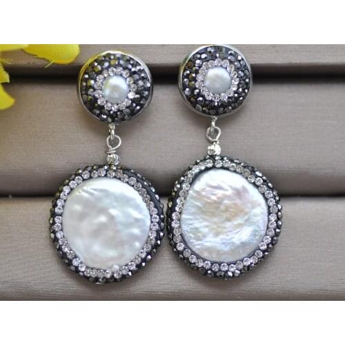 MTC·STAR Z10485 25mm White Coin Freshwater Pearl Black CZ Dangle Earring