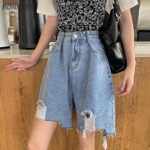 Shorts Women Loose Wide Leg Hole Denim Summer New Arrival High Waist Streetwear Casual Fashion Harajuku Stylish Breathe Design