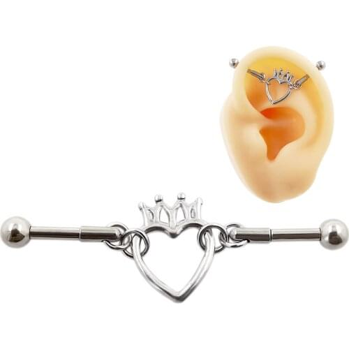 JHJT 14G New Fashion 316l Stainless Steel Industrial Barbells With Heart Crown Ear Piercing Women Body Jewelry 1 1/2 Inch(38mm)