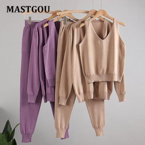 MASTGOU 3 Pieces Jogging Harem Pants Sets Long Sleeve Open Cardigan Sweater Sexy Crop Top Autumn Winter Womens Tracksuits Outfit
