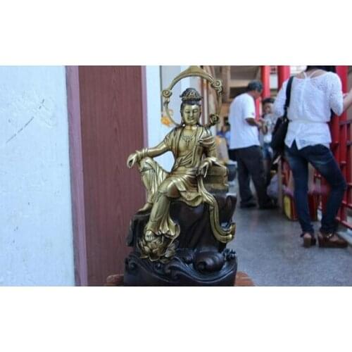 Collectible bronze lion statue S0870 Copper Gild Lotus freedom Kwan-yin Guanyin Bodhisattva Goddess Buddha Statue