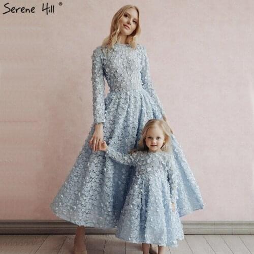 Latest Design Blue Flowers Prom Dresses Muslim Long Sleeves Mother and daughter Evening Gowns Serene Hill DLA60905