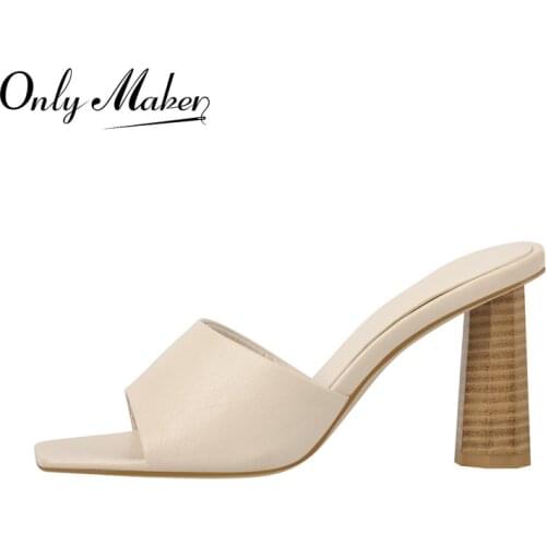 Onlymaker Summer Women Slip-On Sandals Matte White Khaki Soft PU Leather Square Toe Chunky High Heel Slippers Casual Comfortable