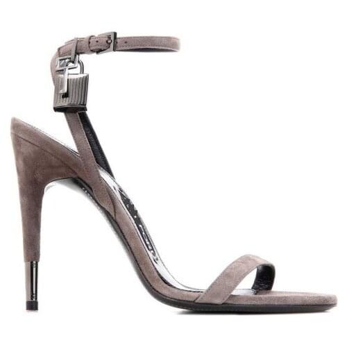Woman Sandals Summer Elegant Mental Heel Ankle Strap Grey Lock Sandals Silver Gold Suede Leather Stilettos Shiny Pumps