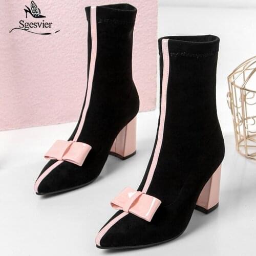 Sweet Bow Ankle Boots Women Faux Suede Square High Heel Stretch Boots Slip On Fashion Pointed Toe Autumn Winter Ladies Shoes