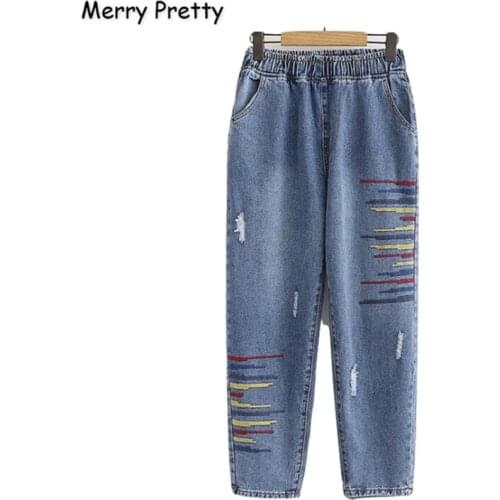 Merry Pretty Women Blue Jeans Pants Striped Embroidery Pockets Denim Pants Elastic Waist Harem Softener Jean Pants Mom Jeans