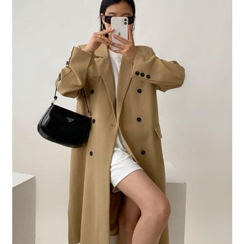 2021 Autumn Women Houndstooth Women Long Blazers Double Breasted Straight Shoulder Pads Blazer Suit Coat Windbreaker