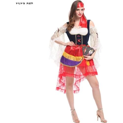 S-M Women Halloween Gypsy Diviner Costumes Female Tarot augur Cosplay Carnival Purim Stage Show Nightclub Role play party dress