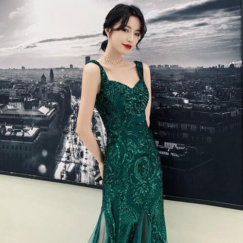 New Dark green long mermaid spaghetti strap sequines sexy lady girl prom dress evening dress free shipping