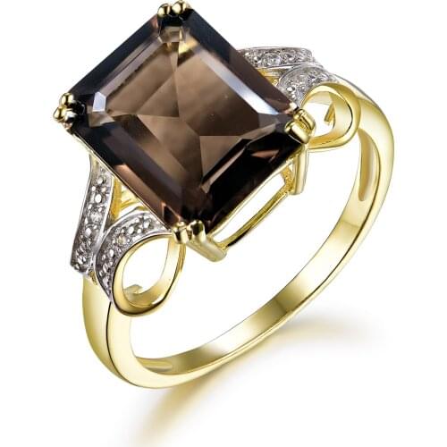 TBJ,925 sterling silver yellow color with natural gemstone smoky quartz rings emerald cut for women party wear jewelry gift