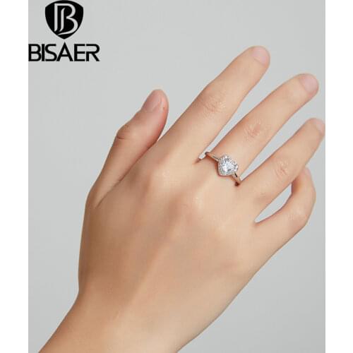 BISAER High Quality 925 Sterling Silver Wedding Ring Bright Love Heart Rings For Women Silver Party Engagement Jewelry ECR725