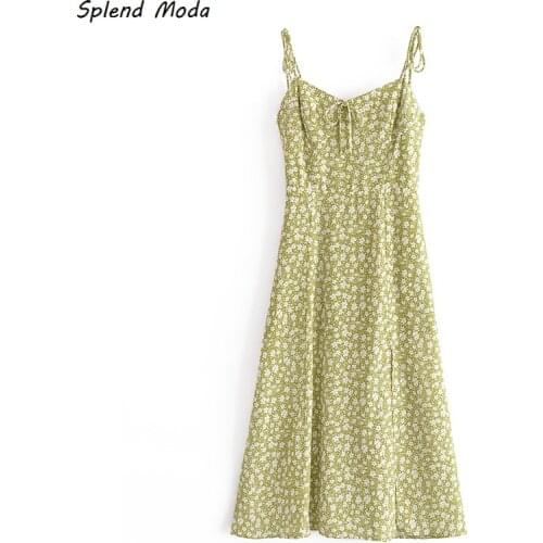 Splend Moda 2021 Summer French Vintage Prairie Chic Floral Print Lace-Up Spaghetti Strap A-Line Women Dress New Zipper Vestido