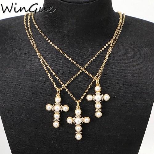 Vintage CZ Pave Pearl Shell Cross Pendants Necklaces For Women Gold Color Cross Necklace Collier/Collares Unisex Jewelry