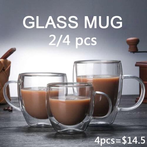 2pcs/4pcs Transparent Glass Coffee Cup Milk Whiskey Tea Beer Double Heat Resistant Cocktail Vodka Wine Mug Drinkware Tumbler