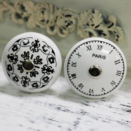 4pcs 38*40mm(D*H) PARIS Clock Digital Pattern Retro furniture Ceramic Knob Cabinet Cupboard Wardrobe Drawer Door Handle Pull