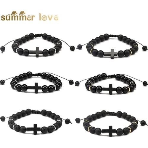 8MM Natural Stone Bracelet Jesus Cross Black Lava Matte Beaded Bracelets Men Women Prayer Chain Couple Handmade Jewelry Gift New