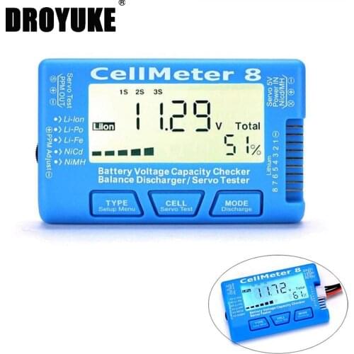 Droyuke LCD Digital Battery Capacity Checker CellMeter RC CellMeter7/CellMeter8 2-8S 4-8S Servo LiPo Li-lon NiMH Battery Tester