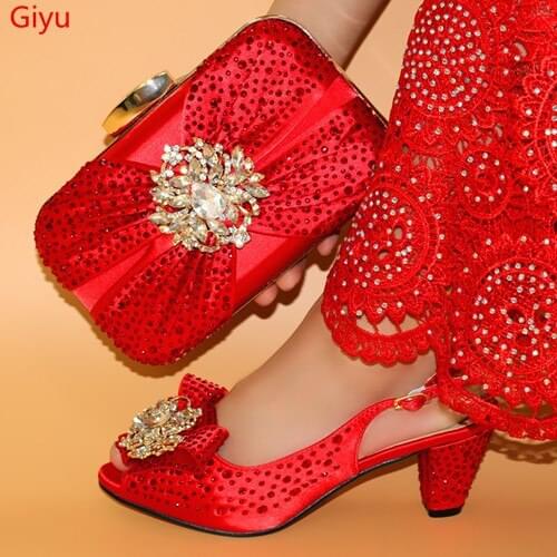 Doershow charming Shoes and Bag Set Italy red Color Italian Shoes with Matching Bag Set Decorated with Rhineston! HLO1-16