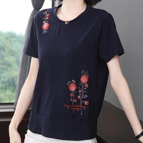 GGRIGHT Blue Floral Embroidery T Shirt Women New 2021 Summer T-Shirt Vintage Cotton Loose Korean Woman Clothes Tee Shirt Femme