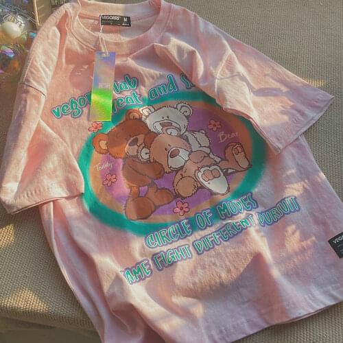 Harajuku T-shirts Summer Women Vintage Cartoon Bear Letter Print Pink Short Sleeve O-Neck Oversized Female Tops Tees Streetwear