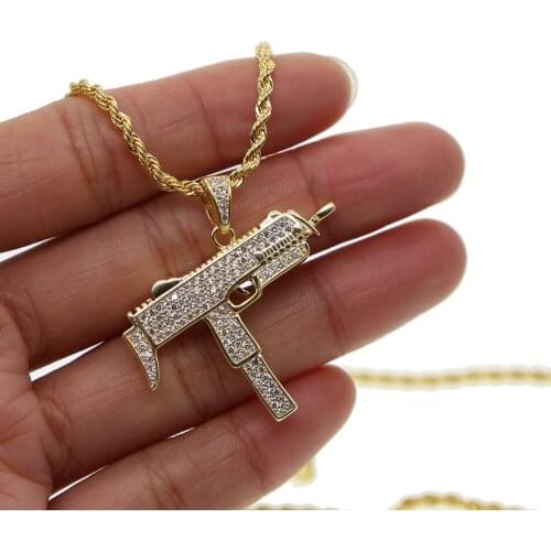 Hip hop bling Gold filled men jewelry micro pave cz iced out hiphop Rock Gun pendant cz necklace