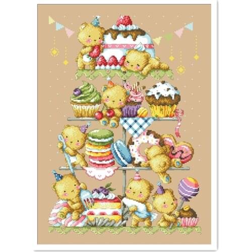 Making cakes cross stitch package cartoon bears 18ct 14ct 11ct flaxen linen cotton thread embroidery DIY handmade needlework